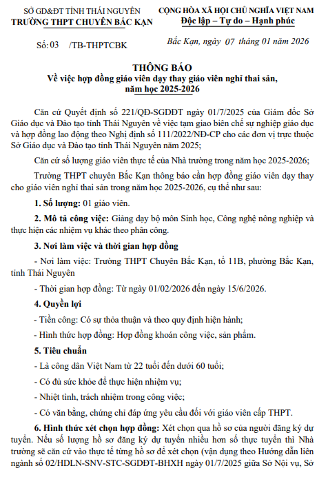 Thông báo về việc hợp đồng giáo viên dạy thay giáo viên nghỉ thai sản, năm học 2025-2026