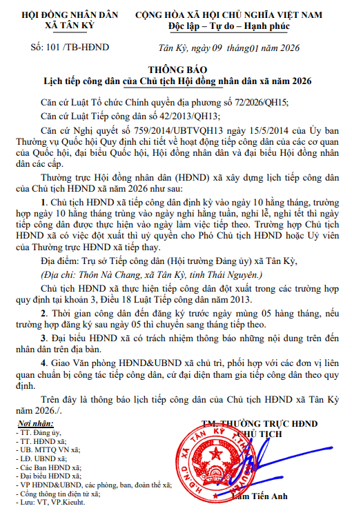 Thông báo lịch tiếp công dân của Chủ tịch HĐND xã Tân Kỳ năm 2026