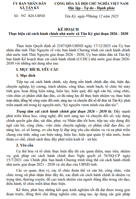 Kế hoạch thực hiện cải cách hành chính nhà nước xã Tân Kỳ giai đoạn 2026 - 2030
