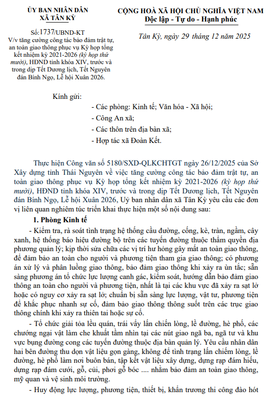 Tăng cường công tác bảo đảm trật tự, an toàn giao thông phục vụ Kỳ họp tổng kết nhiệm kỳ 2021-2026 (kỳ họp thứ mười), HĐND tỉnh khóa XIV, trước và trong dịp Tết Dương lịch, Tết Nguyên đán Bính Ngọ, Lễ hội Xuân 2026