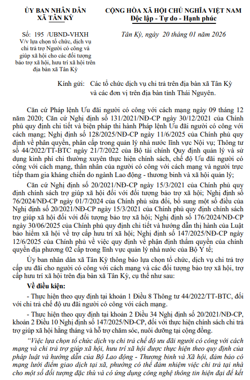 Lựa chọn tổ chức, dịch vụ chi trả trợ Người có công và giúp xã hội cho các đối tượng bảo trợ xã hội, hưu trí xã hội trên địa bàn xã Tân Kỳ