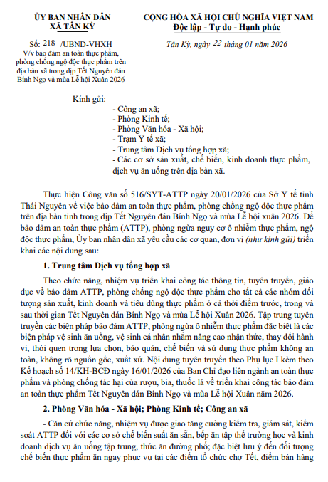 Bảo đảm an toàn thực phẩm, phòng chống ngộ độc thực phẩm trên địa bàn xã trong dịp Tết Nguyên đán Bính Ngọ và mùa Lễ hội Xuân 2026