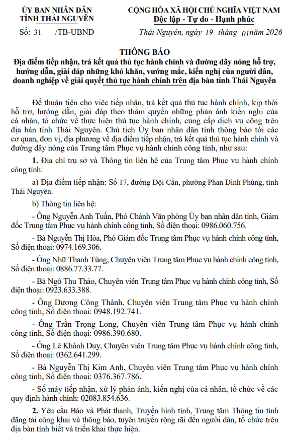 Thông báo địa điểm tiếp nhận, trả kết quả thủ tục hành chính và đường dây nóng hỗ trợ, hướng dẫn, giải đáp những khó khăn, vướng mắc, kiến nghị của người dân, doanh nghiệp về giải quyết thủ tục hành chính trên địa bàn tỉnh Thái Nguyên