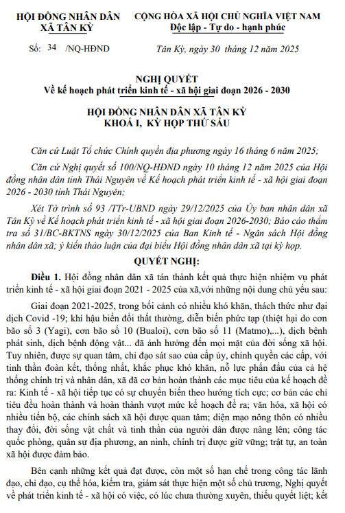 Nghị quyết của Hội đồng nhân dân xã Tân Kỳ về kế hoạch phát triển kinh tế - xã hội giai đoạn 2026 - 2030