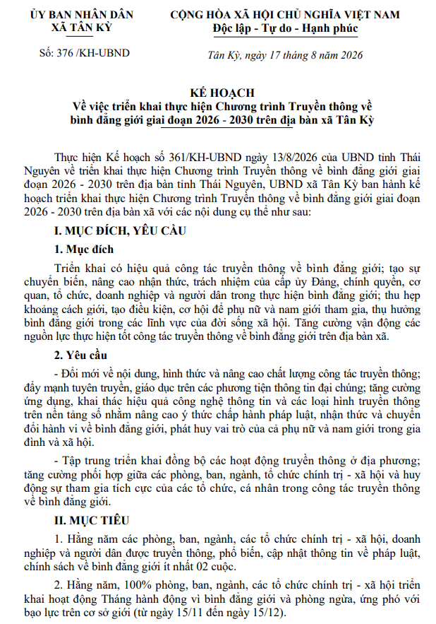 Kế hoạch triển khai thực hiện Chương trình Truyền thông về bình đẳng giới giai đoạn 2026 - 2030 trên địa bàn xã Tân Kỳ