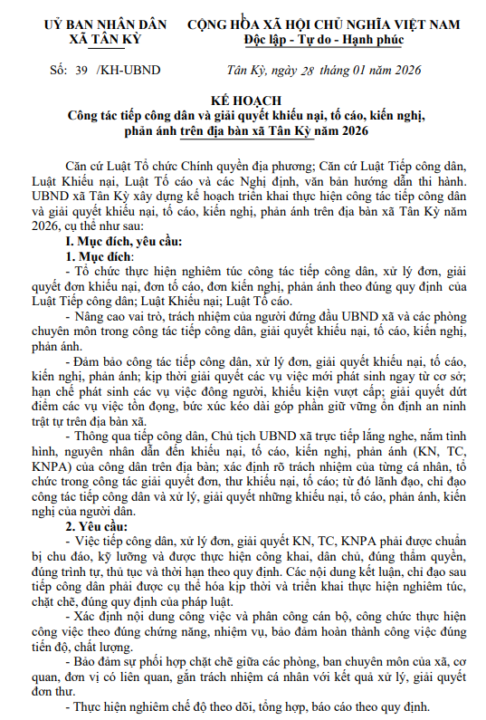 Kế hoạch công tác tiếp công dân, giải quyết đơn thư khiếu nại, tố cáo năm 2026