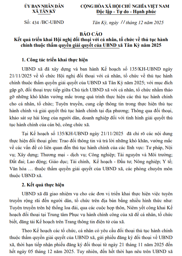 	Báo cáo kết quả triển khai Hội nghị đối thoại với cá nhân, tổ chức về thủ tục hành chính thuộc thẩm quyền giải quyết của UBND xã Tân Kỳ năm 2025