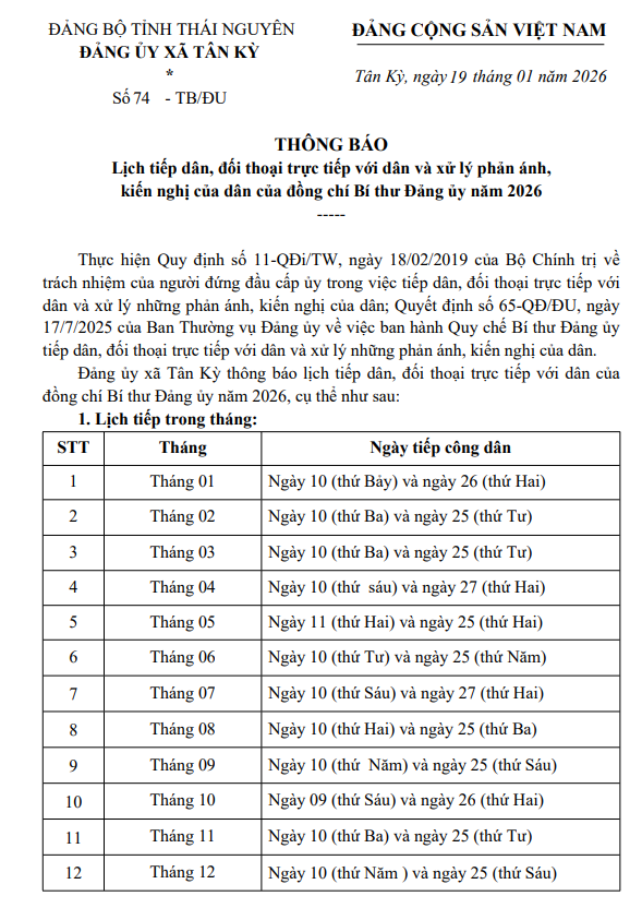 Thông báo lịch tiếp dân, đối thoại trực tiếp với dân và xử lý phản ánh, kiến nghị của dân của đồng chí Bí thư Đảng ủy năm 2026