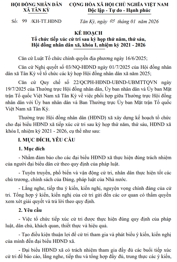Kế hoạch tổ chức tiếp xúc cử tri sau kỳ họp thứ năm, thứ sáu, Hội đồng nhân dân xã, khóa I, nhiệm kỳ 2021 - 2026