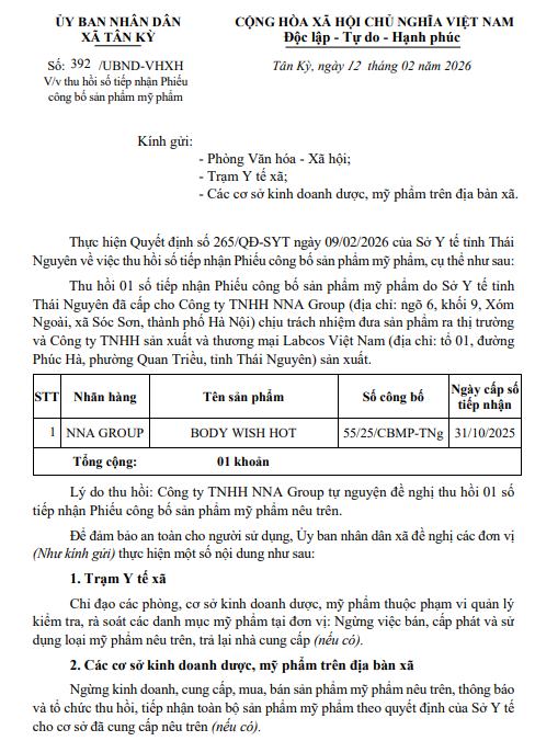 Thu hồi số tiếp nhận Phiếu công bố sản phẩm mỹ phẩm theo QĐ 265/QĐ-SYT