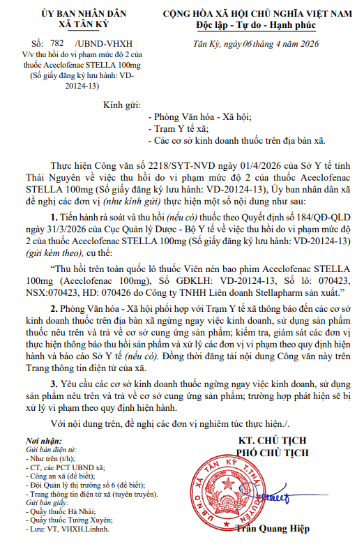 Thu hồi do vi phạm mức độ 2 của thuốc Aceclofenac STELLA 100mg (Số giấy đăng ký lưu hành: VD- 20124-13)
