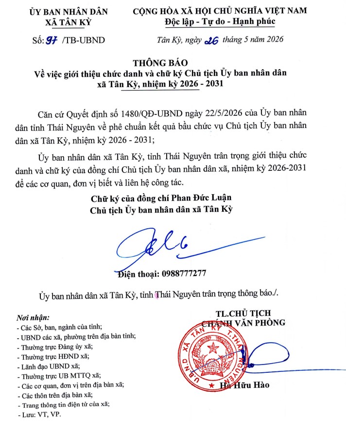 Thông báo về việc giới thiệu chức danh và chữ ký Chủ tịch Ủy ban nhân dân xã Tân Kỳ, nhiệm kỳ 2026-2031