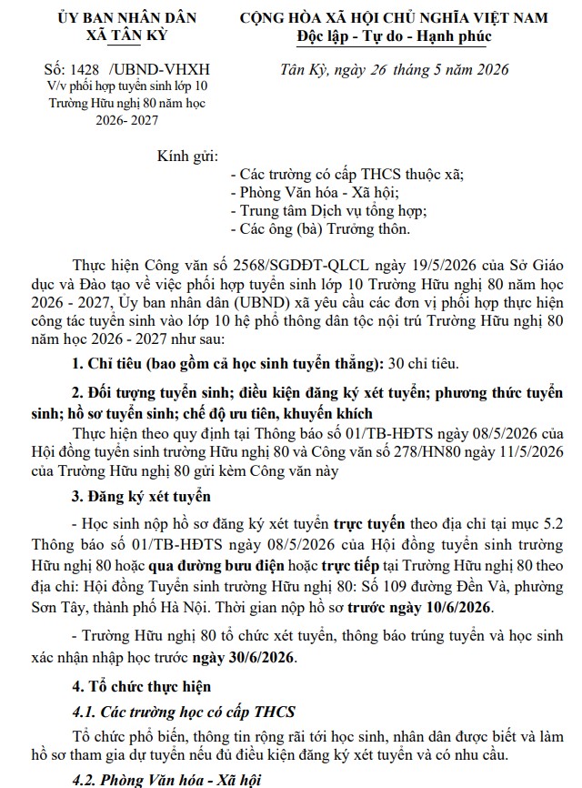 Tuyển sinh lớp 10 Trường Hữu nghị 80 năm học 2026 - 2027