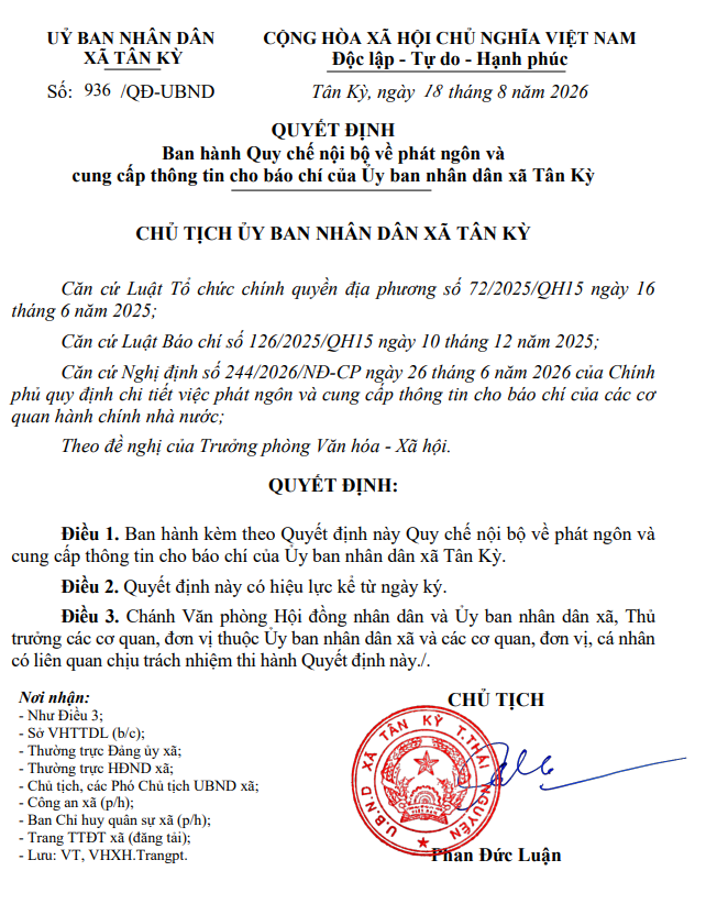 Quy chế nội bộ về phát ngôn và cung cấp thông tin cho báo chí của Ủy ban nhân dân xã Tân Kỳ