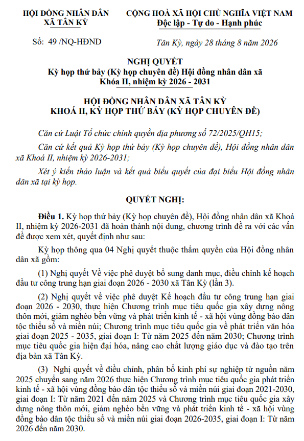 Nghị quyết kỳ họp thứ bảy (Kỳ họp chuyên đề) Hội đồng nhân dân xã Khóa II, nhiệm kỳ 2026 - 2031