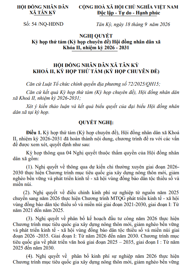 Nghị quyết Kỳ họp thứ tám (Kỳ họp chuyên đề) Hội đồng nhân dân xã Khóa II, nhiệm kỳ 2026 - 2031