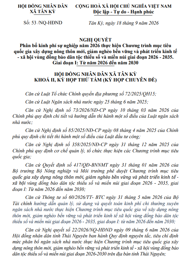 Nghị quyết Phân bổ kinh phí sự nghiệp năm 2026 thực hiện Chương trình mục tiêu quốc gia xây dựng nông thôn mới, giảm nghèo bền vững và phát triển kinh tế - xã hội vùng đồng bào dân tộc thiểu số và miền núi giai đoạn 2026 -2035. Giai đoạn I : Từ năm 2026 đến năm 2030