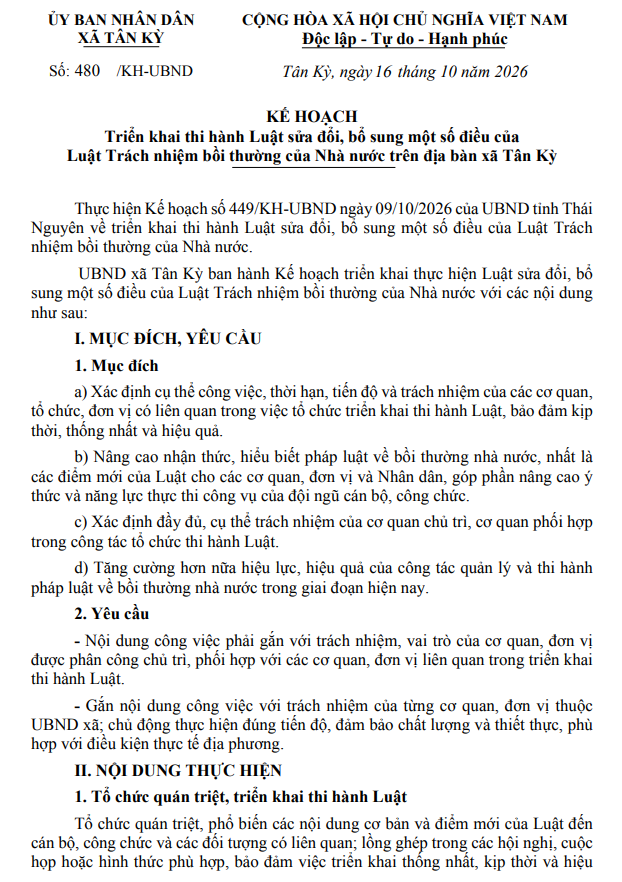 Kế hoạch triển khai thi hành Luật sửa đổi, bổ sung một số điều của Luật Trách nhiệm bồi thường của Nhà nước trên địa bàn xã Tân Kỳ