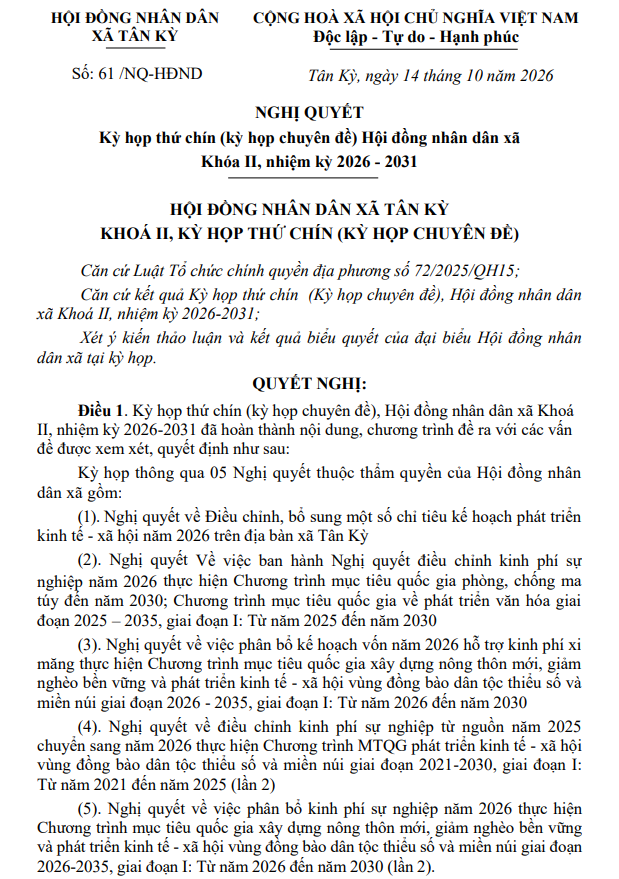 Nghị quyết Kỳ họp thứ chín (kỳ họp chuyên đề) Hội đồng nhân dân xã Khóa II, nhiệm kỳ 2026 - 2031