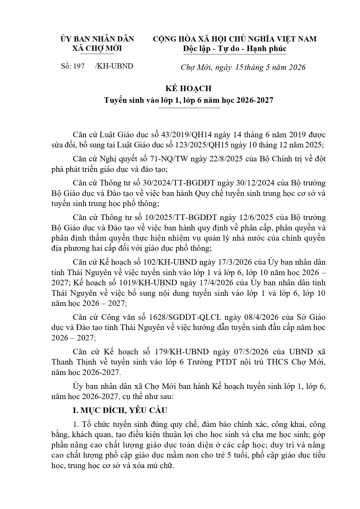 Kế hoạch tuyển sinh lớp 1, lớp 6 năm học 2026-2027
