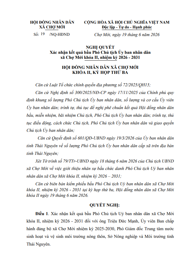 NGHỊ QUYẾT Xác nhận kết quả bầu Phó Chủ tịch Ủy ban nhân dân xã Chợ Mới khóa II, nhiệm kỳ 2026 - 2031