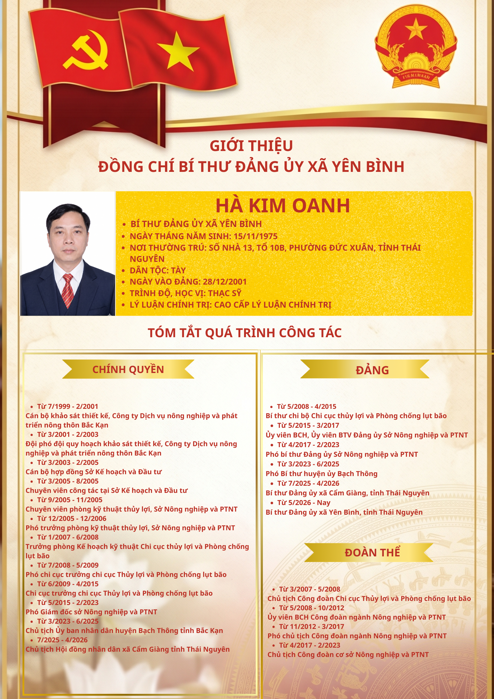 XÃ YÊN BÌNH TRÂN TRỌNG GIỚI THIỆU TIỂU SỬ TÓM TẮT CỦA ĐỒNG CHÍ BÍ THƯ ĐẢNG ỦY - HÀ KIM OANH