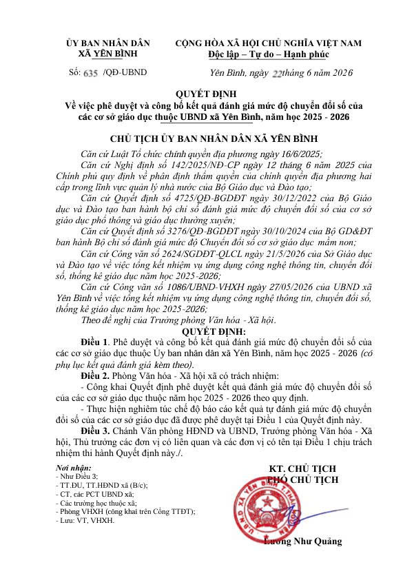 THÔNG BÁO QUYẾT ĐỊNH PHÊ DUYỆT VÀ CÔNG BỐ KẾT QUẢ ĐÁNH GIÁ MỨC ĐỘ CHUYỂN ĐỔI SỐ CỦA CÁC CƠ SỞ GIÁO DỤC THUỘC UBND XÃ YÊN BÌNH NĂM HỌC 2025-2026 KÈM PHỤ LỤC