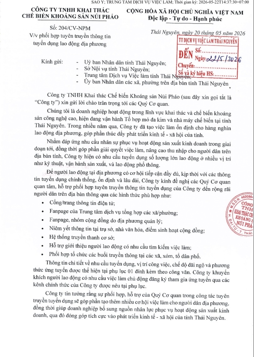 V/v tuyên truyền thông tin tuyển dụng  lao động của Công ty TNHH Khai  thác Chế biến khoáng sản Núi Pháo 