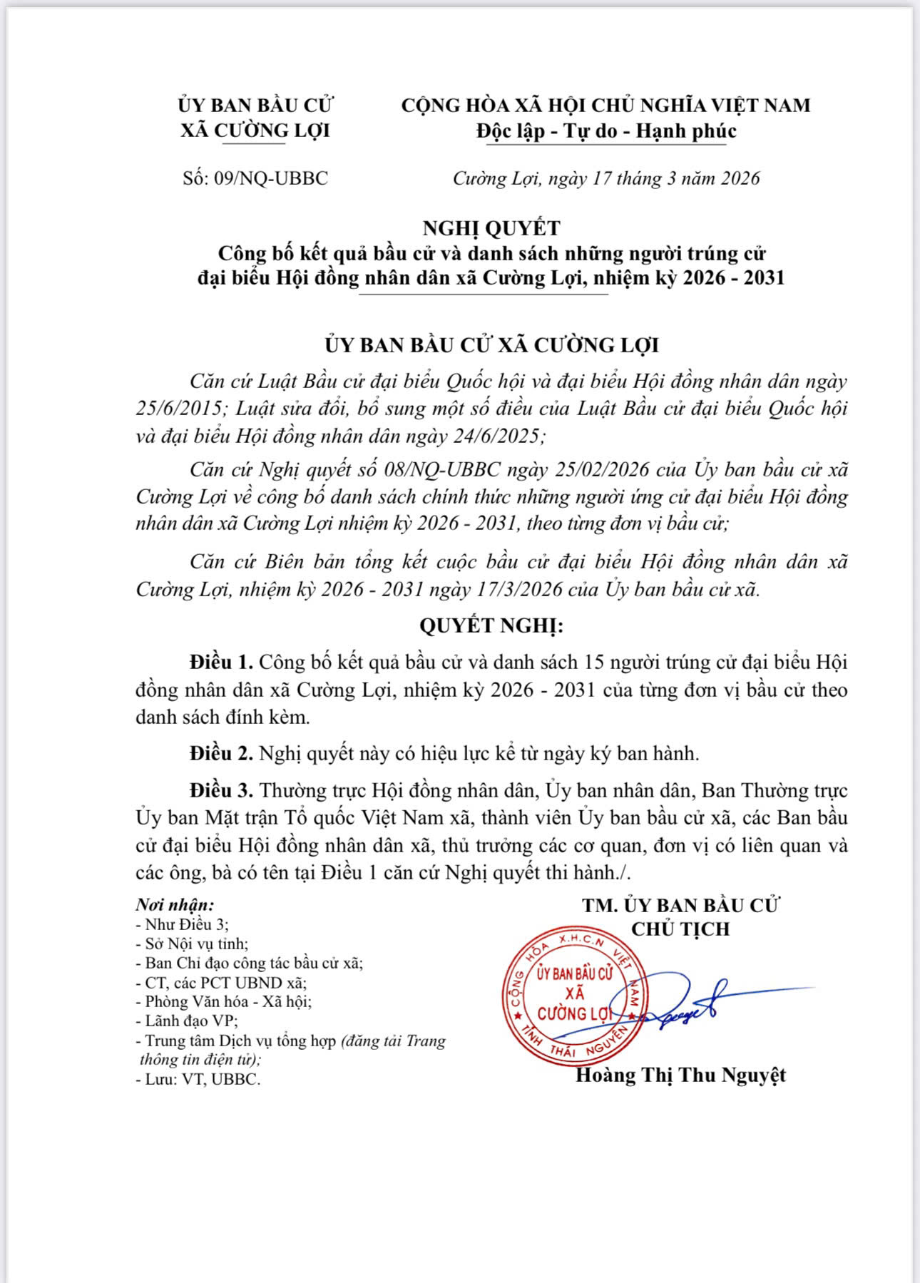 NGHỊ QUYẾT Công bố kết quả bầu cử và danh sách những người trúng cử đại biểu Hội đồng nhân dân xã Cường Lợi, nhiệm kỳ 2026 - 2031