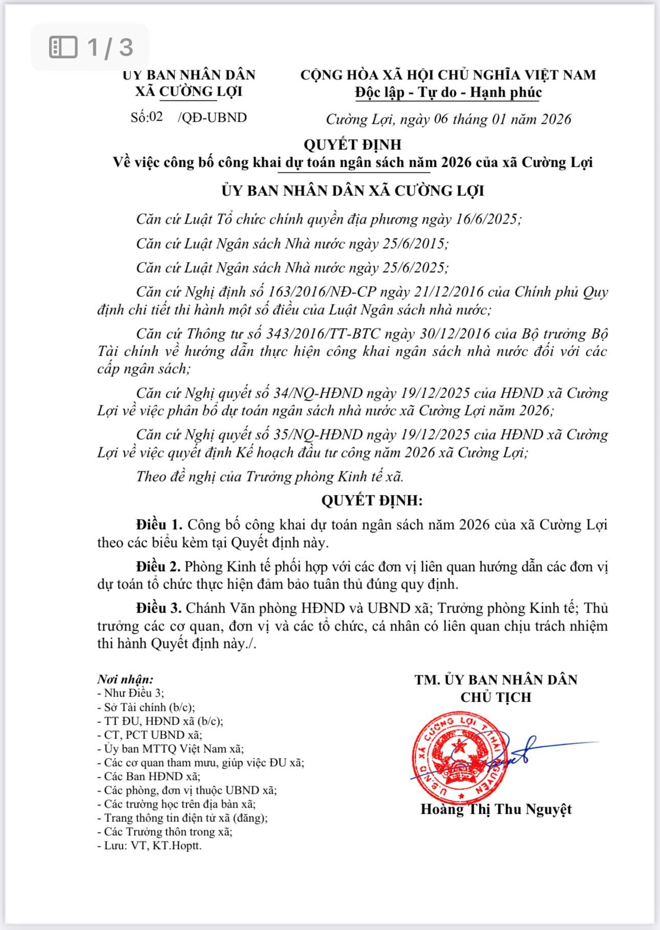 Quyết định Về việc công bố công khai dự toán ngân sách năm 2026 của xã Cường Lợi