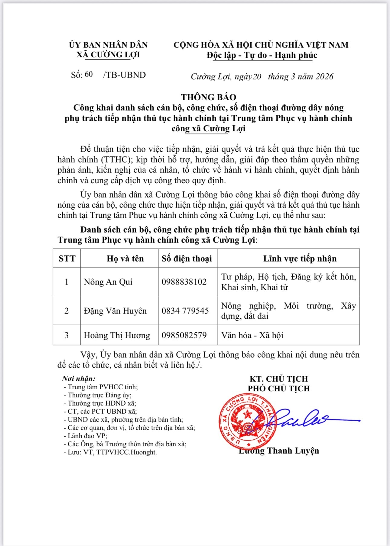 THÔNG BÁO Công khai danh sách cán bộ, công chức, số điện thoại đường dây nóng phụ trách tiếp nhận thủ tục hành chính tại Trung tâm Phục vụ hành chính công xã Cường Lợi