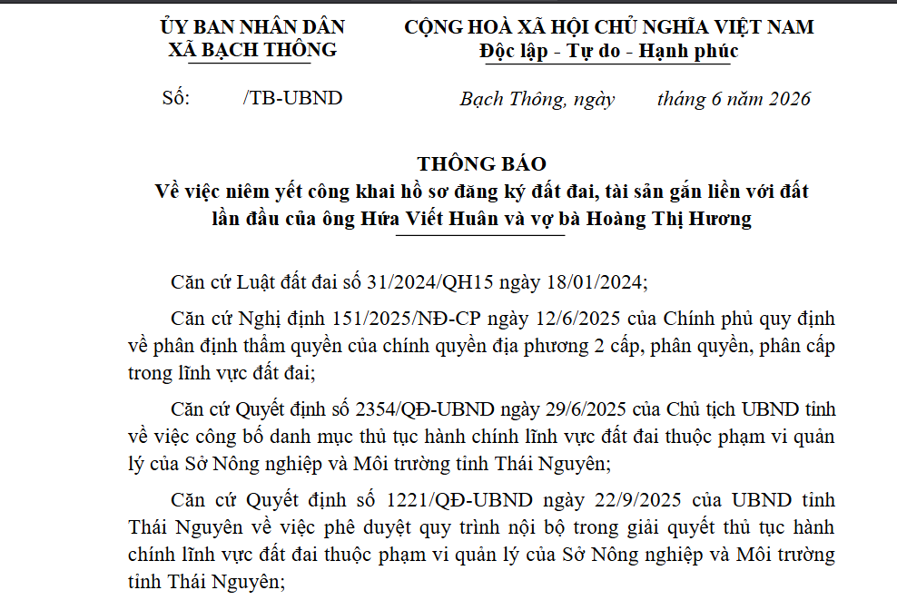 THÔNG BÁO Về việc niêm yết công khai hồ sơ đăng ký đất đai, tài sản gắn liền với đất lần đầu của ông Hứa Viết Huân và vợ bà Hoàng Thị Hương