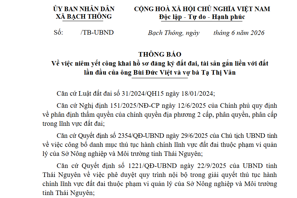 THÔNG BÁO Về việc niêm yết công khai hồ sơ đăng ký đất đai, tài sản gắn liền với đất lần đầu của ông Bùi Đức Việt và vợ bà Tạ Thị Vân