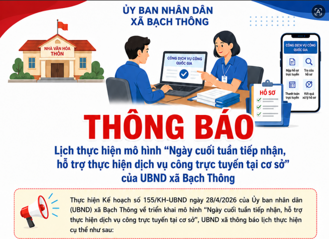 THÔNG BÁO Lịch thực hiện mô hình “Ngày cuối tuần tiếp nhận, hỗ trợ thực hiện  dịch vụ công trực tuyến tại cơ sở” của UBND xã Bạch Thông