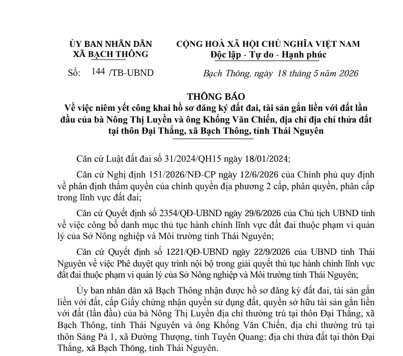 THÔNG BÁO Về việc niêm yết công khai hồ sơ đăng ký đất đai, tài sản gắn liền với đất lần đầu của bà Nông Thị Luyền và ông Khổng Văn Chiến
