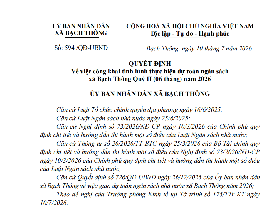 QUYẾT ĐỊNH Về việc công khai tình hình thực hiện dự toán ngân sách xã Bạch Thông Quý II (06 tháng) năm 2026