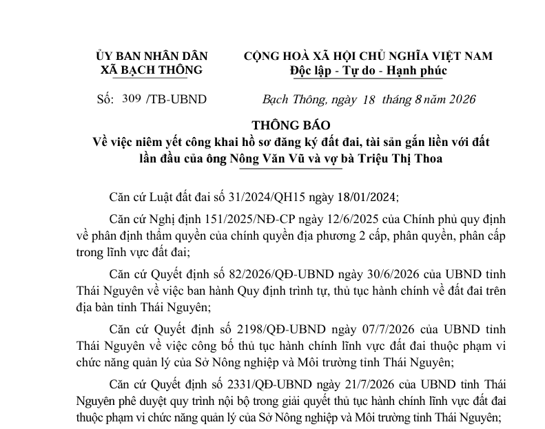 Thông báo về việc niêm yết công khai hồ sơ đăng ký đất đai, tài sản gắn liền với đất   lần đầu của ông Nông Văn Vũ và vợ bà Triệu Thị Thoa  (thửa 1507)