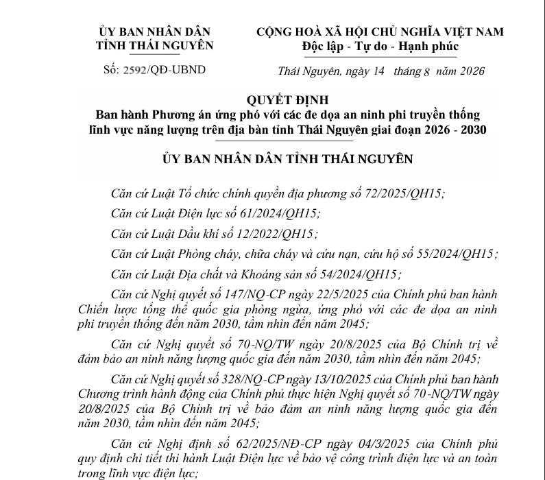 Quyết định 2592: Ban hành Phương án ứng phó với các đe dọa an ninh phi truyền thống lĩnh vực năng lượng trên địa bàn tỉnh Thái Nguyên giai đoạn 2026 - 2030.