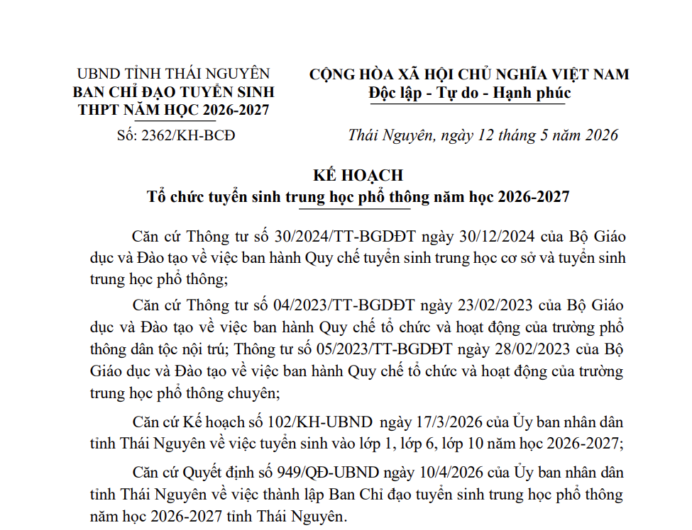 KẾ HOẠCH Tổ chức tuyển sinh trung học phổ thông năm học 2026-2027