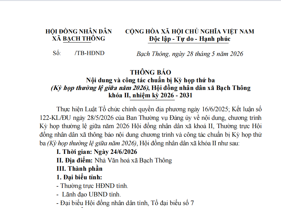 THÔNG BÁO Nội dung và công tác chuẩn bị Kỳ họp thứ ba (Kỳ họp thường lệ giữa năm 2026), Hội đồng nhân dân xã Bạch Thông khóa II, nhiệm kỳ 2026 - 2031