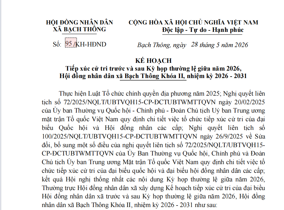 KẾ HOẠCH Tiếp xúc cử tri trước và sau Kỳ họp thường lệ giữa năm 2026, Hội đồng nhân dân xã Bạch Thông Khóa II, nhiệm kỳ 2026 - 2031