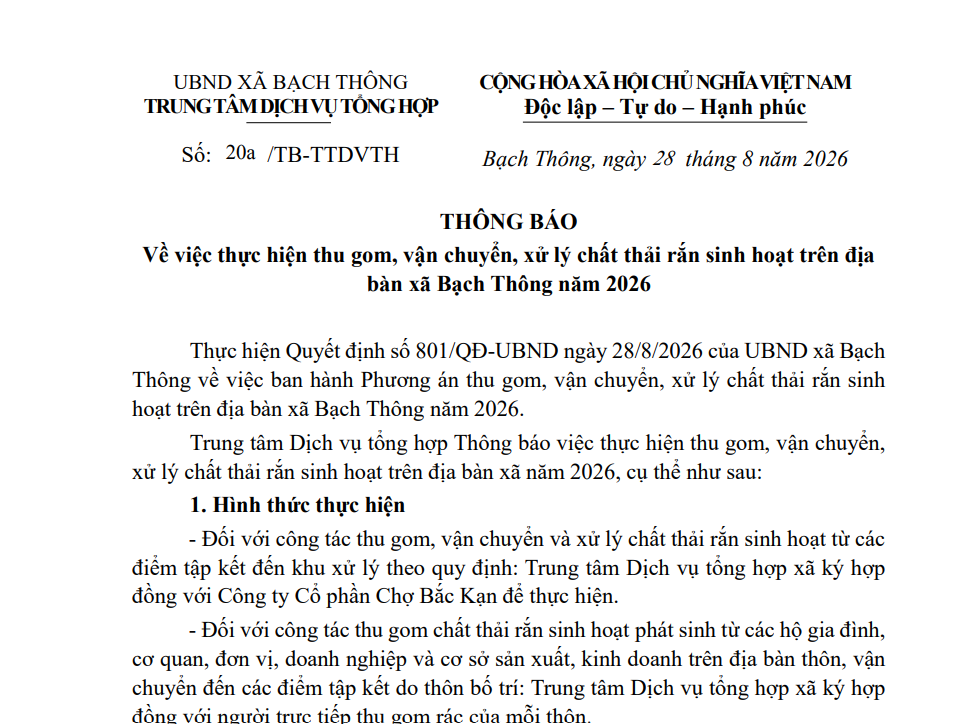 Thông báo Về việc thực hiện thu gom, vận chuyển, xử lý chất thải rắn sinh hoạt trên địa bàn xã Bạch Thông năm 2026