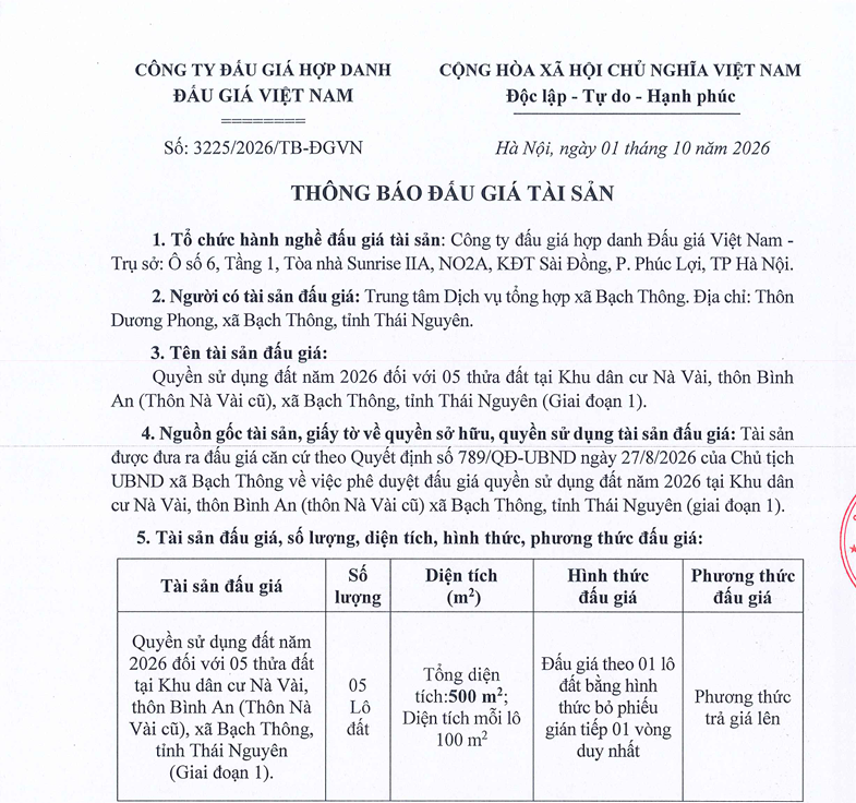 THÔNG BÁO ĐẤU GIÁ TÀI SẢN