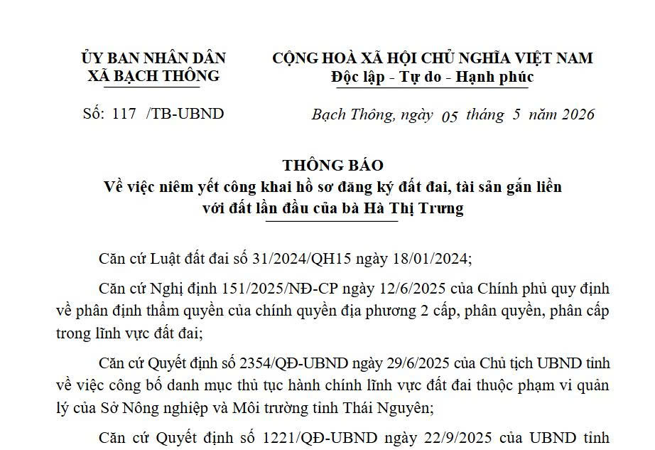 Thông báo niêm yết công khai hồ sơ đăng ký đất đai, tài sản gắn liền với đất lần đầu của bà Hà Thị Trưng