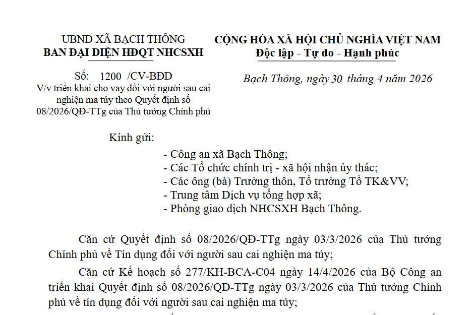 V/v triển khai cho vay đối với người sau cai nghiện ma túy theo Quyết định số 08/2026/QĐ-TTg của Thủ tướng Chính phủ