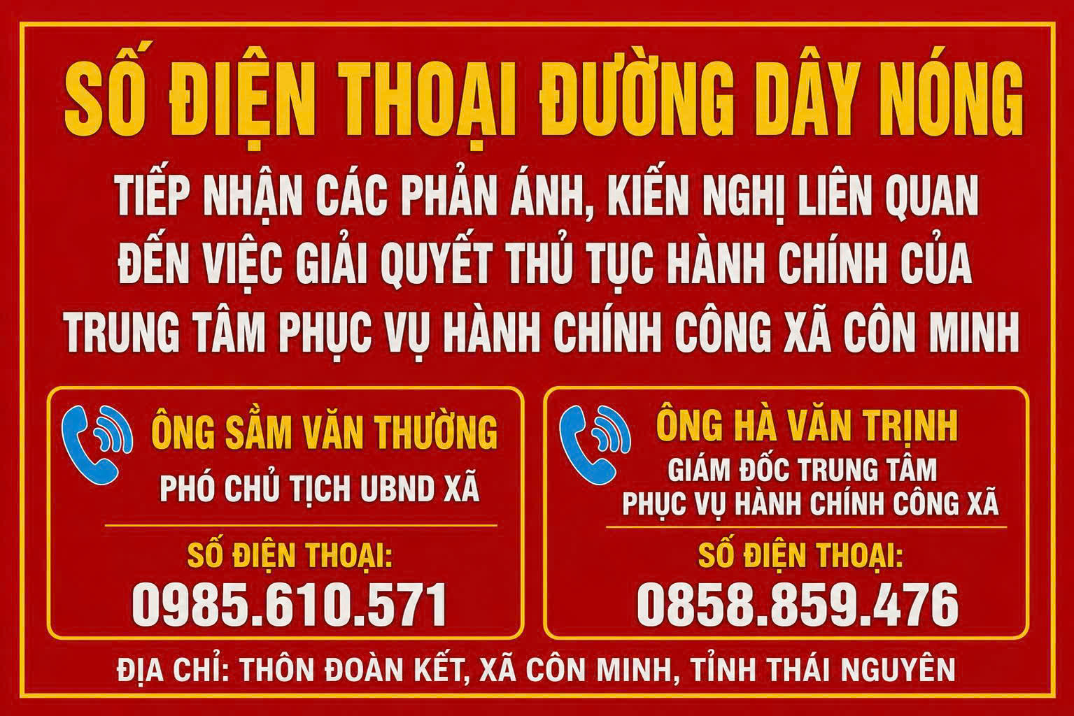 THÔNG BÁO Công khai danh sách, số điện thoại đường dây nóng của lãnh đạo và công chức tiếp nhận, trả kết quả giải quyết thủ tục hành chính tại Trung tâm phục vụ hành chính công xã Côn Minh