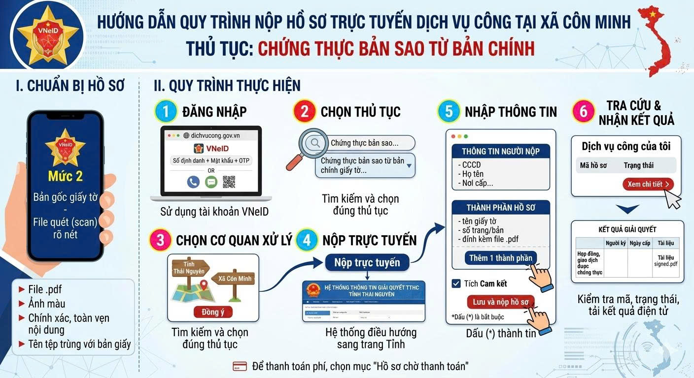 HƯỚNG DẪN QUY TRÌNH NỘP HỒ SƠ TRỰC TUYẾN THỦ TỤC CHỨNG THỰC BẢN SAO TỪ BẢN CHÍNH GIẤY TỜ, VĂN BẢN