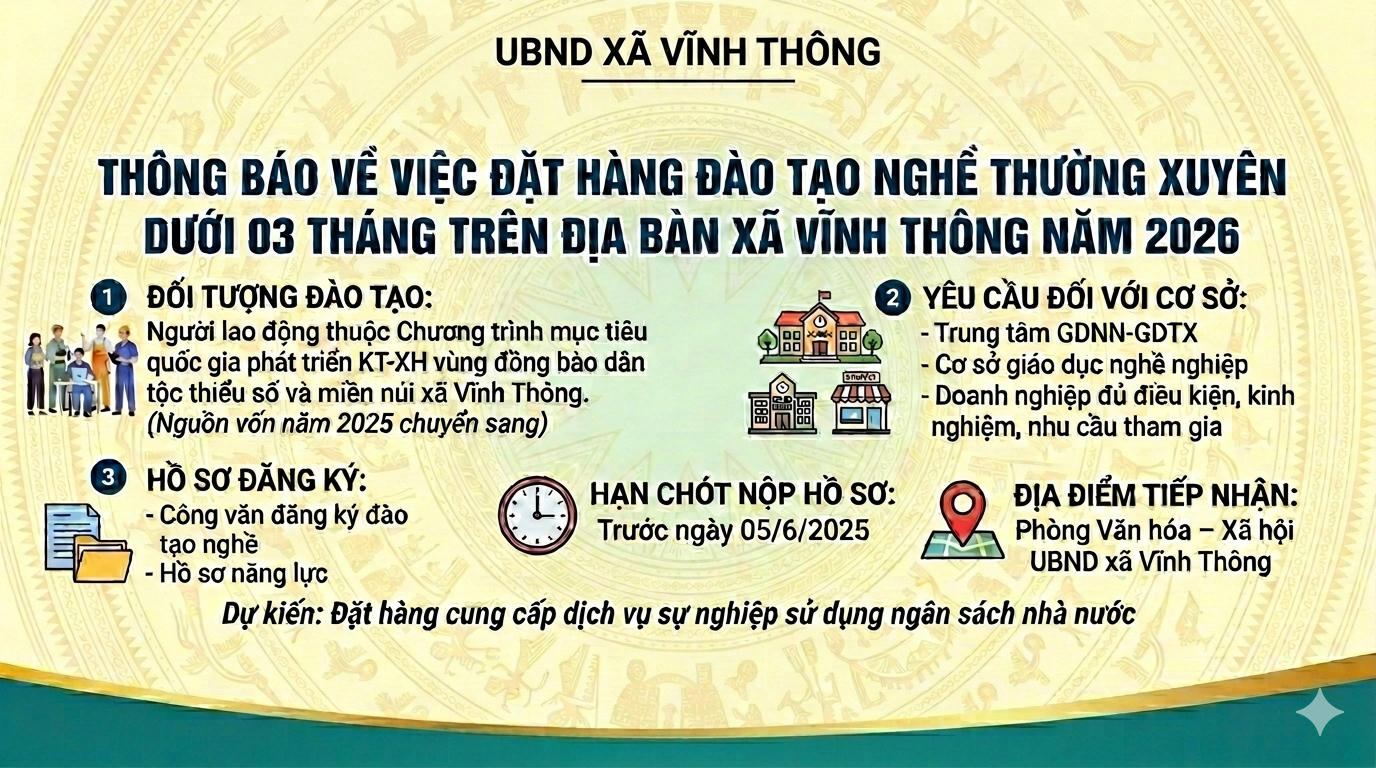 THÔNG BÁO VỀ VIỆC ĐẶT HÀNG ĐÀO TẠO NGHỀ THƯỜNG XUYÊN DƯỚI 03 THÁNG  TRÊN ĐỊA BÀN XÃ VĨNH THÔNG NĂM 2026