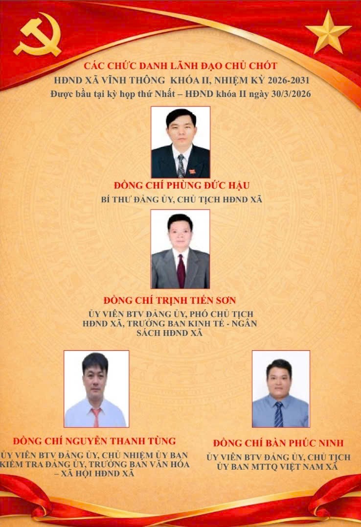 GIỚI THIỆU CÁC CHỨC DANH LÃNH ĐẠO HĐND, UBND, ỦY VIÊN UBND XÃ VĨNH THÔNG NHIỆM KỲ 2026 – 2031