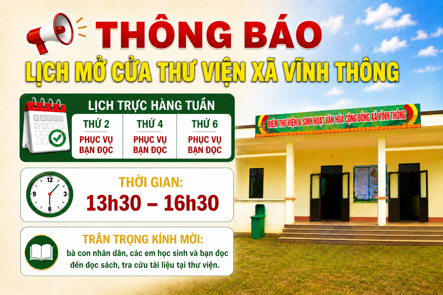 THÔNG BÁO LỊCH MỞ CỬA THƯ VIỆN XÃ VĨNH THÔNG